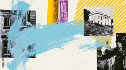 Collage of architectural fragments, abstract brushstrokes, and geometric patterns
