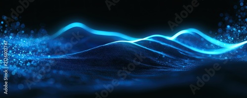 Glowing blue ethereal waves and particles flow across a dark background