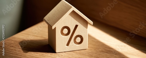 Small wooden house model with a percentage symbol on its front, placed on a wooden surface