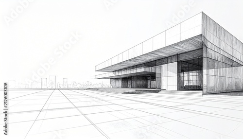 Architectural Pencil Sketch of a Modern Building with Soft Shading on a Clean Background for Advertising and Copy Space