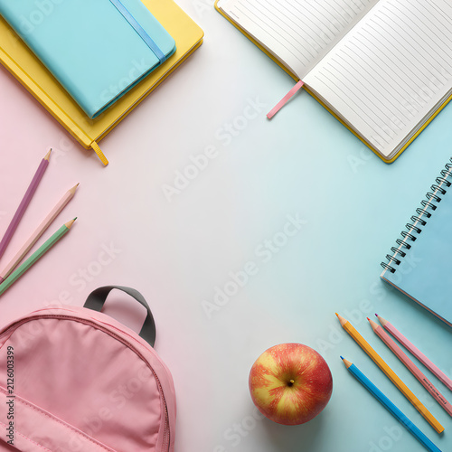 Flat lay of school supplies with backpack, notebooks, colored pencils, and an apple on pastel background with central copy space