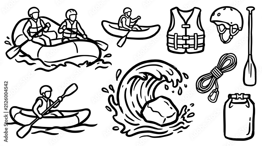 Fototapeta premium Black and white rafting and kayaking doodle icons