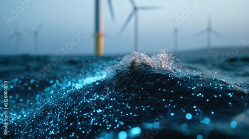 Luminous ocean wave with abstract network overlay, wind turbines in background
