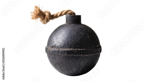 Fotografía Old black cannonball bomb with thick rope fuse, isolated on transparent backgrou