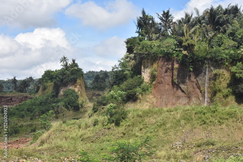 Foto Mountain looms large behind lush green jungle