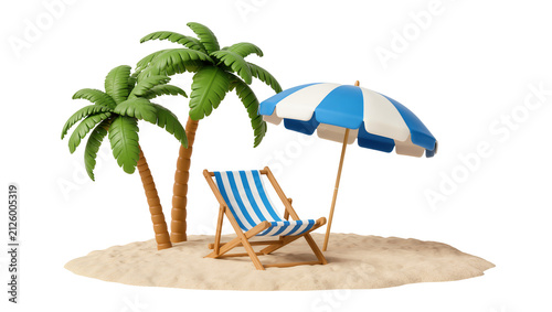 Tropical island with palm trees beach chair and umbrella, isolated on transparent background