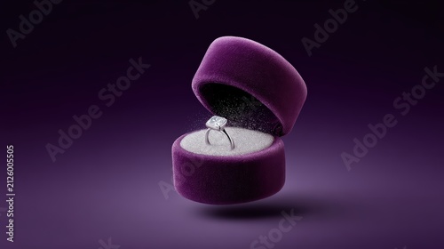 Floating velvet jewelry ring box with diamond ring inside