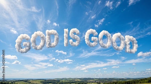God Is Good written in fluffy white clouds across blue sky over rural landscape, inspirational Christian faith message, hope, blessing, worship and heavenly inspiration