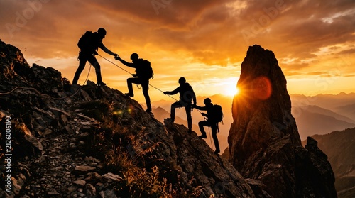 Silhouette of mountaineers assisting teammates on rocky peak during sunset, teamwork, leadership, resilience, partnership, success and overcoming challenges concept