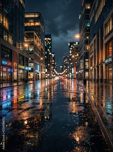 Wet city street at night with glowing lights and luxury reflections on rainy pavement between tall urban buildings