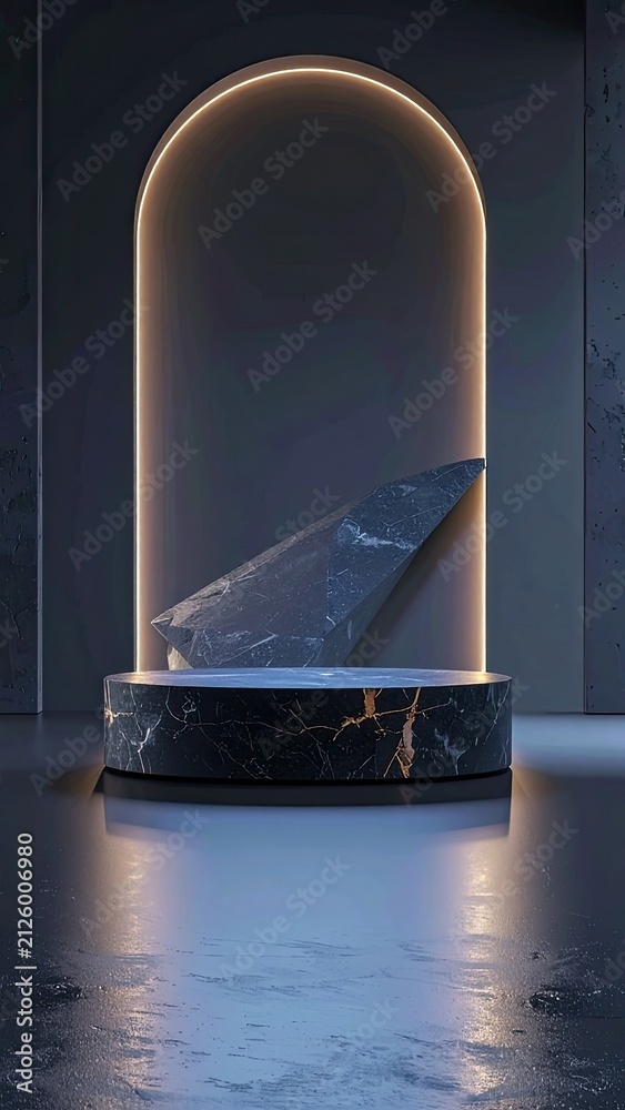 Fototapeta premium A minimalist marble pedestal with a geometrically shaped stone and ambient lighting.