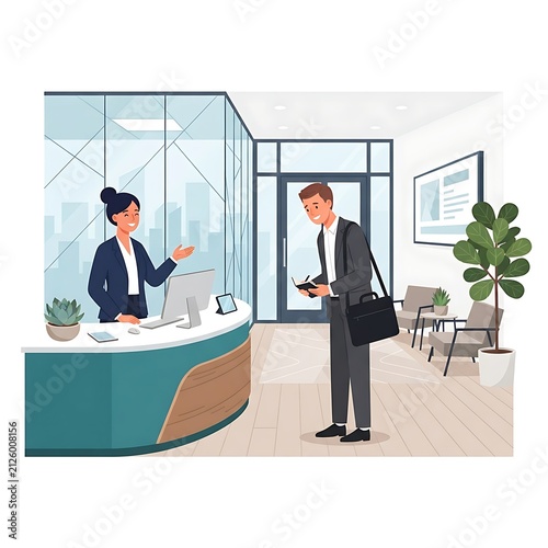 Modern office reception desk with female receptionist, professional businessman checking in at corporate lobby, contemporary workspace interior illustration