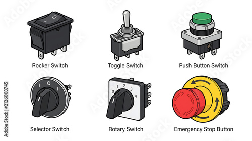 Electrical switches collection for home and office wiring. Variety of toggle, push button, rotary, and rocker switches in isolated view.