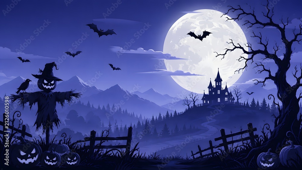 Fototapeta premium Spooky halloween night landscape with a scarecrow and haunted castle silhouette