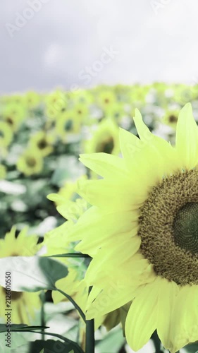 Vibrant sunflowers stretch towards the sky in a lush green field. Soft clouds linger above, creating a peaceful atmosphere for this stunning floral display during a warm afternoon.