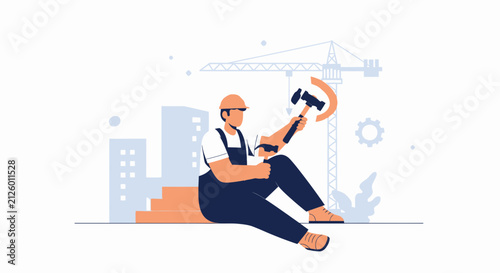 Construction worker with hammer and toolbox on site with crane and buildings, flat vector illustration