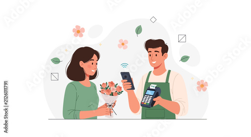 Customer making contactless payment for flowers using smartphone at florist shop, modern e-commerce concept