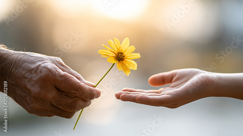 Close up of elderly hand gently offering a small yellow flower to a younger person's receiving hand in soft backlight.