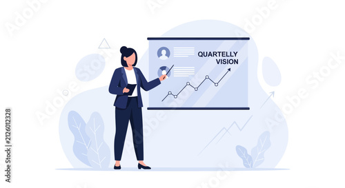 Businesswoman presenting quarterly vision and growth strategy with graph on a digital whiteboard