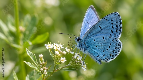 Blue butterfly feeding on wildflower nectar. Delicate insect pollinating bright blooms in natural habitat.