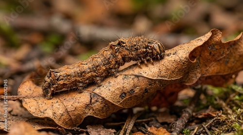 Close-up of brown caterpillar crawling on dry autumn leaf. Macro wildlife insect detail on decaying foliage in natural habitat.