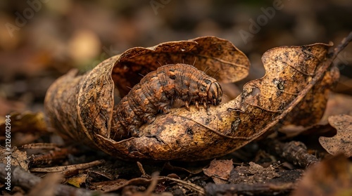 Brown caterpillar crawling on dry autumn leaf. Close-up of furry larva on fallen foliage in natural habitat.