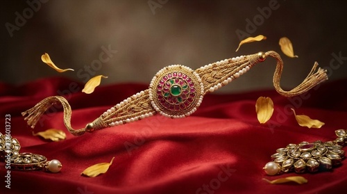 Elegant Traditional Indian Rakhi with Gold Braids, Pearls, and Gemstones Resting on Luxurious Red Silk Fabric with Falling Flower Petals