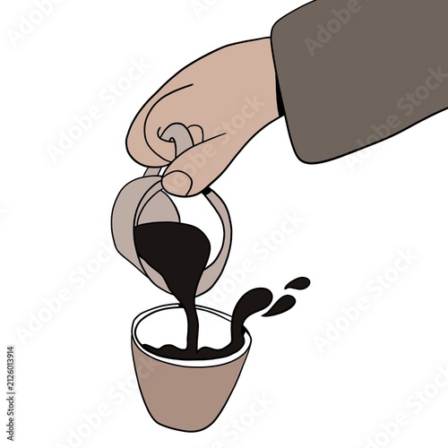 hand pours coffee from a pot into a cup, flat illustration for a cafe