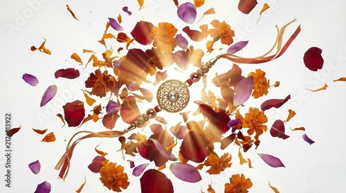 Elegant Golden Rakhi Bracelet Centered Amidst a Burst of Vibrant Flower Petals and Glowing Light Rays for Raksha Bandhan Celebration