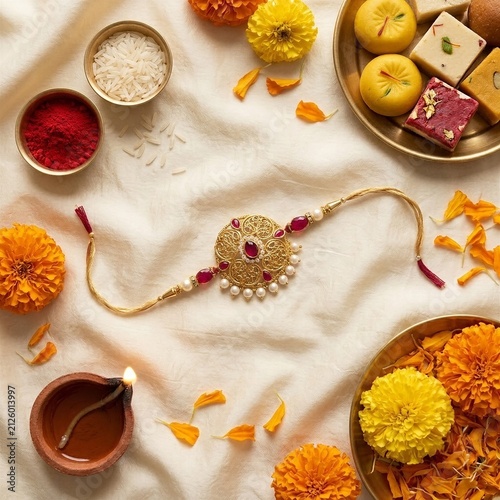 Traditional Raksha Bandhan Flat Lay with Ornate Gold Rakhi, Assorted Indian Sweets, Lit Diya, Rice, Kumkum, and Fresh Marigold Flowers on White Fabric