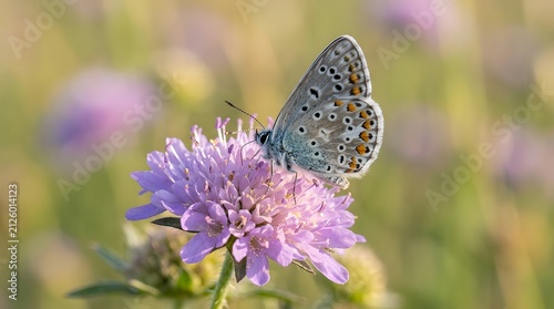 Close-up of blue butterfly resting on purple wildflower. Delicate insect perched on blooming thistle in natural habitat.