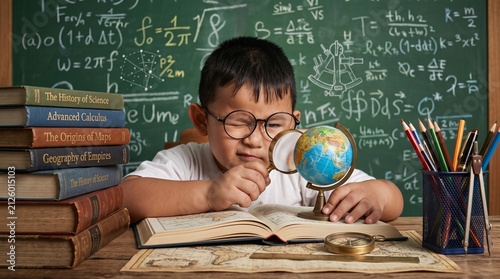 Curious Asian Schoolboy Exploring Globe with Magnifying Glass in Classroom