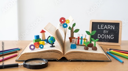 Open Book with Creative 3D Educational Elements and Learn By Doing Sign