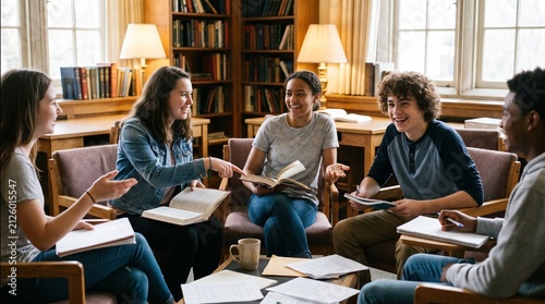 Diverse Group of Teenagers Discussing Books in Library Study Group