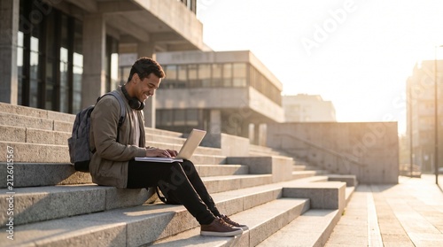 Smiling College Student Using Laptop on Campus Stairs at Sunset