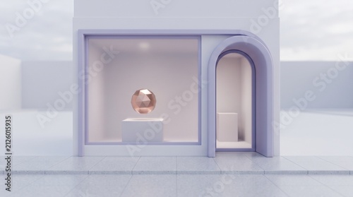 Modern minimalist retail storefront with lavender arch doorway and display window featuring a copper geometric sphere for premium brand mockups