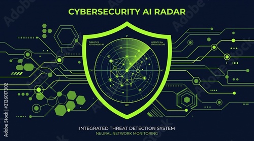 central cybersecurity shield icon integrated with an AI neural network radar screen, glowing lime green and dark midnight navy visual palette, abstract data nodes, circular HUD radar vector elements