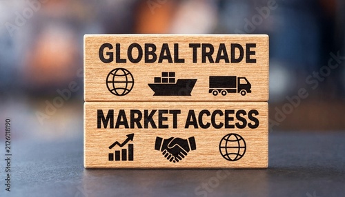 Wooden blocks illustrating concepts of global trade and market access with shipping and business icons