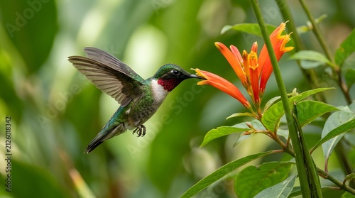 Hummingbird feeding on vibrant red flower in mid-flight. Tiny nectar-seeking bird hovering near tropical bloom with blurred green foliage background.