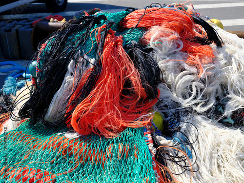 Background of multicolor fishing nets in the Cotentin in France