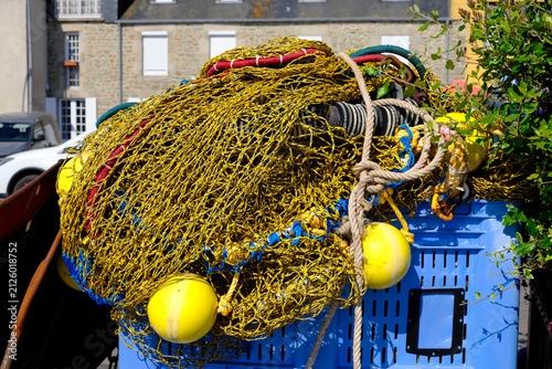 Yellow fishing nets in a blue box in the Cotentin in France