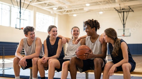 Five teen athletes sit on a gym bench, laughing and chatting after practice. One holds a basketball while teammates rest arms on shoulders in casual sportswear