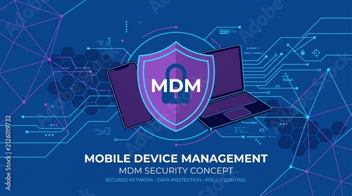 A Mobile Device Management (MDM) endpoint protection vector background featuring a glowing central shield safeguarding laptop and smartphone silhouettes. Designed in deep navy, neon purple, and cyan.