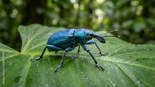 Metallic blue weevil insect walking on green leaf. Vibrant iridescent beetle exploring nature foliage in close-up detail.