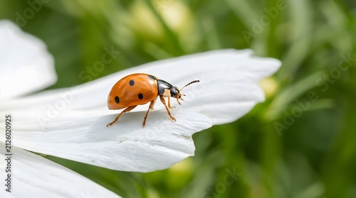 Orange ladybug walking on white daisy petal. Vibrant red beetle exploring delicate flower in nature close-up.