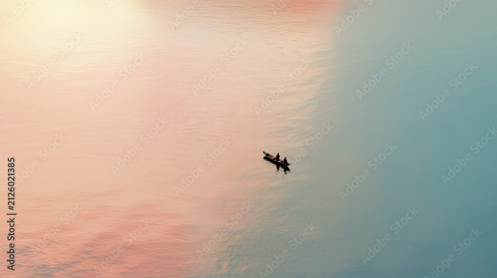 Fototapeta premium Horizontal aerial view of a small canoe with two people on calm pastel colored water with large copy space