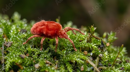 Close-up of red mite crawling on vibrant green moss. Tiny arachnid exploring lush forest undergrowth in high detail.