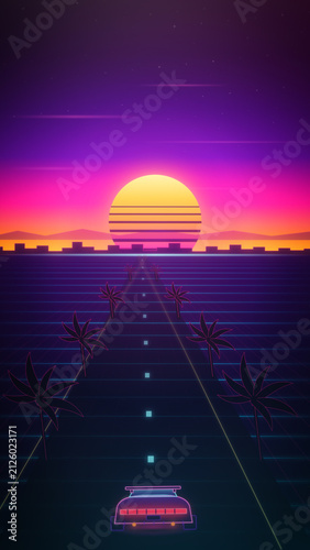 Neon car speeds down an endless grid highway beneath palms and a giant sunset, capturing nostalgic 1980s arcade energy for game trailers, music visuals and ads