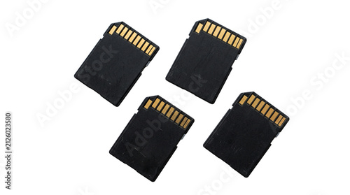Group of four SD memory cards with transparent background