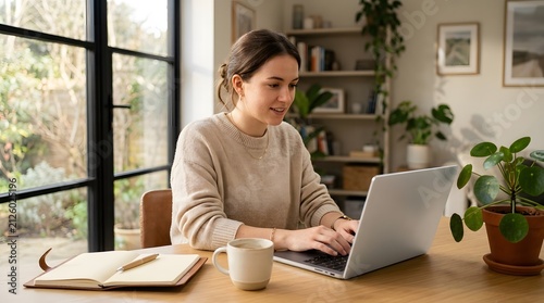 Young professional woman working remotely on laptop. Female freelancer typing at home office desk with natural light.